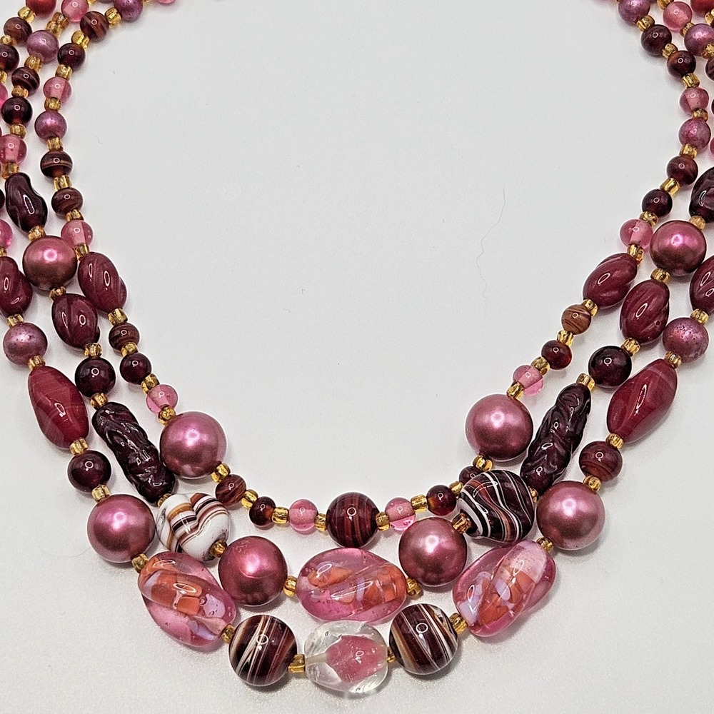 Vintage Multi Strand Glass Necklace Beaded Japan Lampwork Pink Burgandy